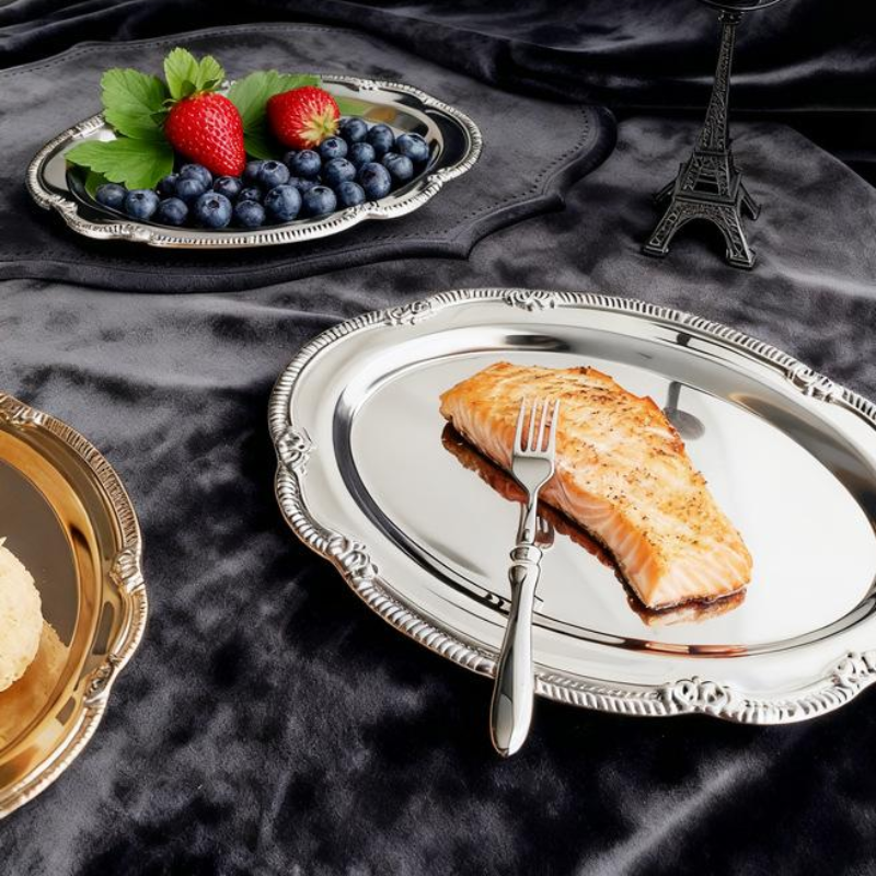 Food Platter Snacks - 1PC Vintage Embossed Silver Tray Serving